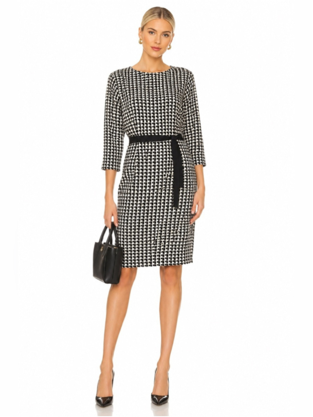 Weekend Max Mara Geometric Print Belted Sheath Dress Black White 10